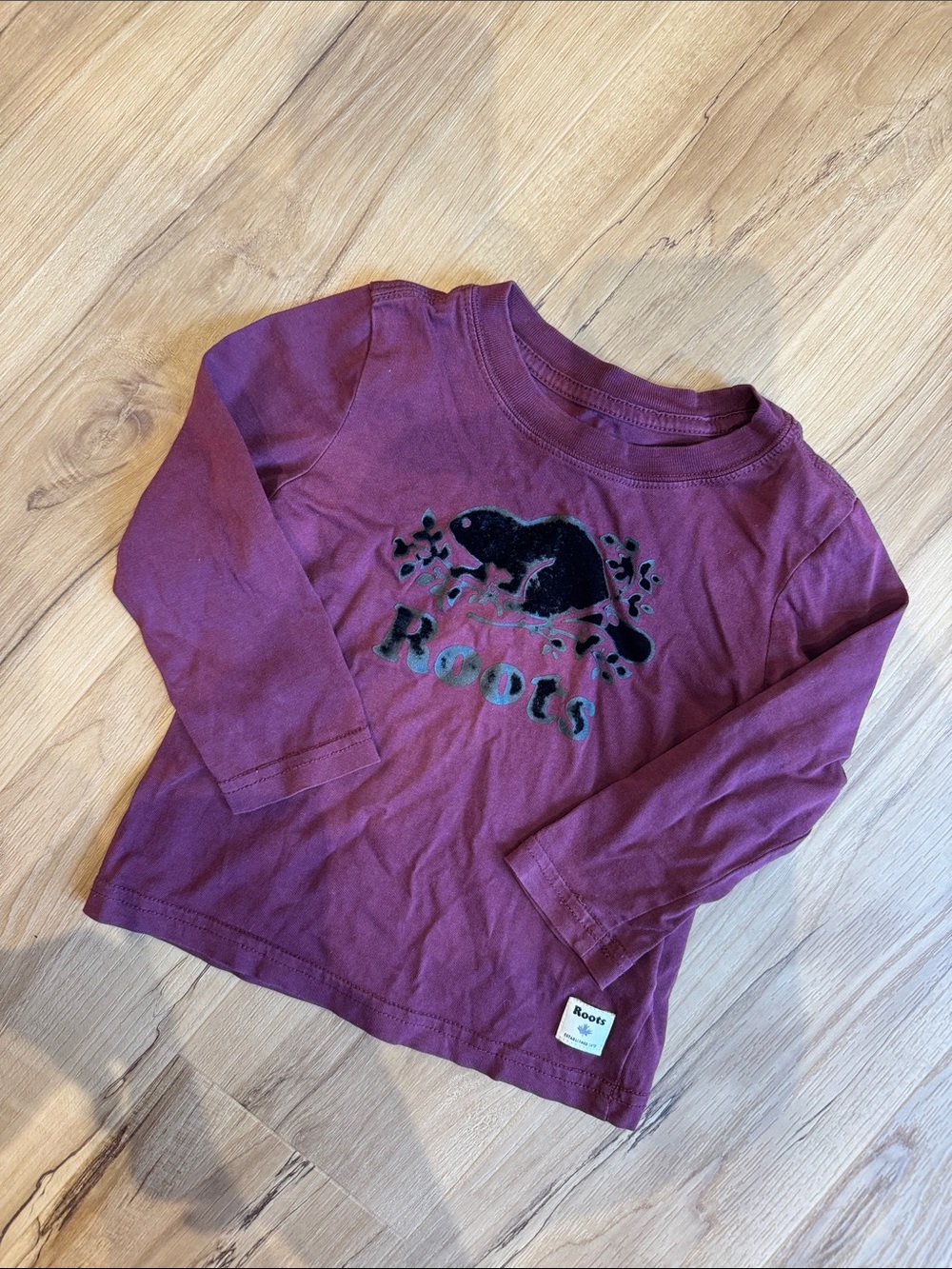 Roots Kids Long-Sleeve Tee in Burgundy with Black Logo